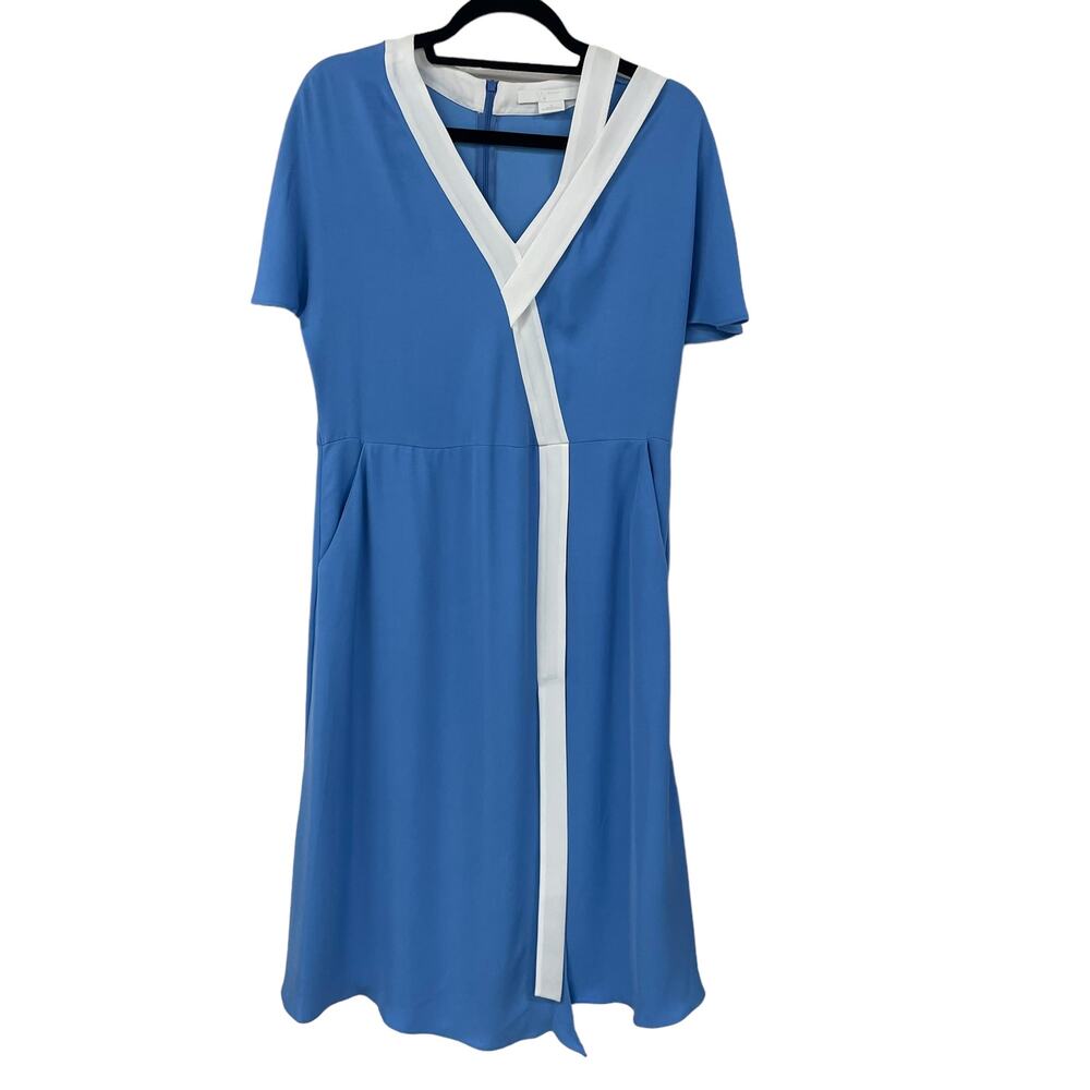 W by Worth Short Sleeve V Neck Midi Dress Blue White Women's 6